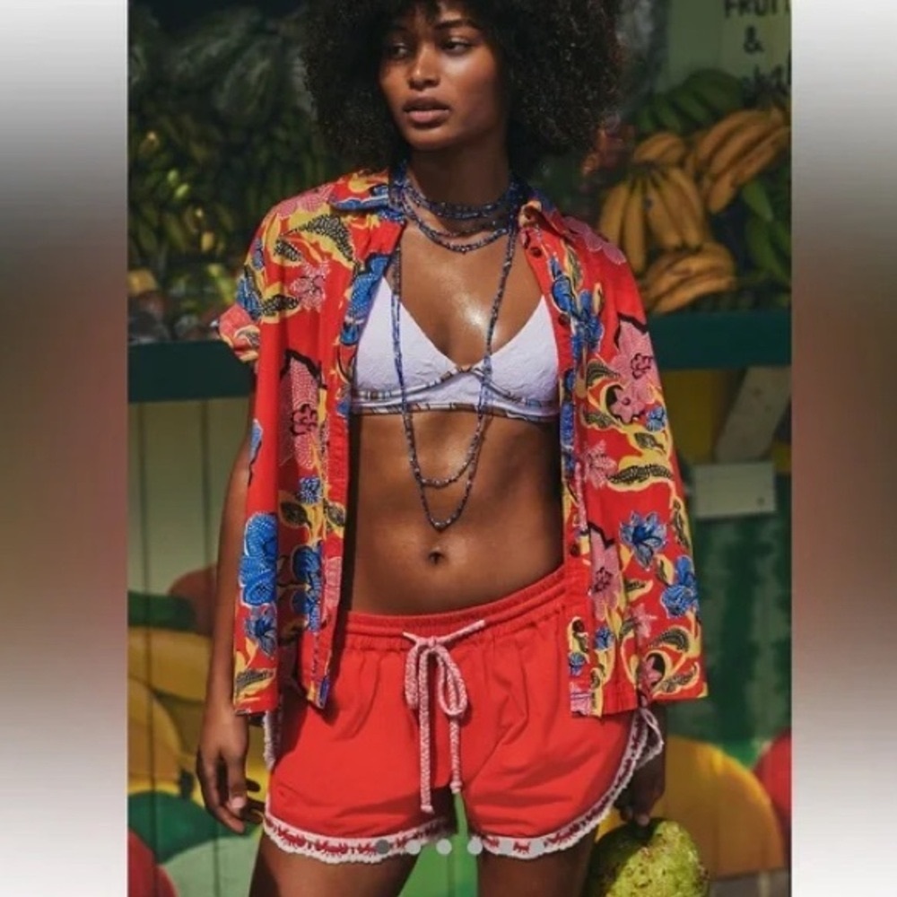 Free People Vibrant Red Athletic Shorts with White Accents